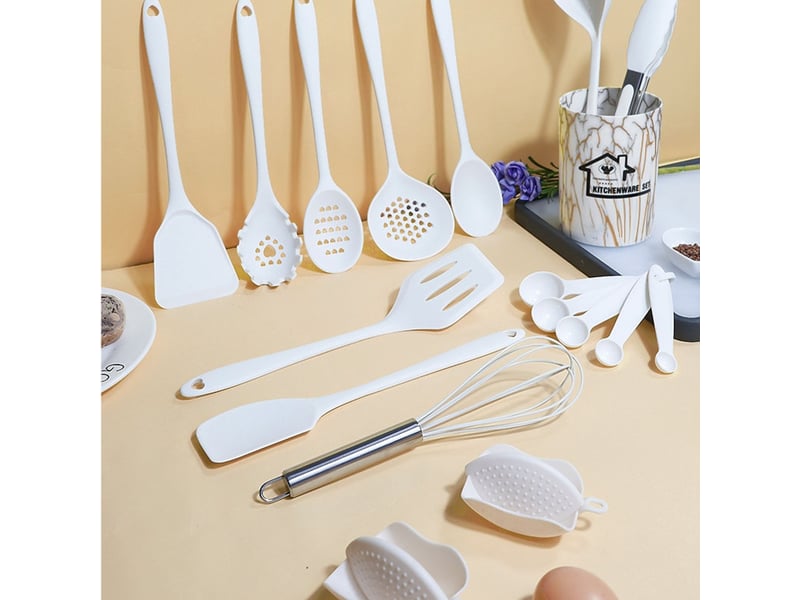  Ensemble ustensiles cuisine 18 pièces silicone résistant chaleur support manche bois blanc  - Conforama C