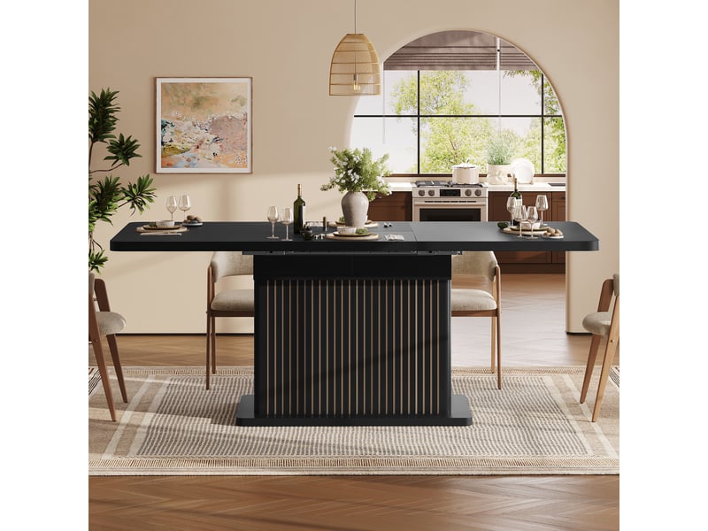 Table de salle à manger extensible 120-160x80x76 cm, rangement caché, relief vertical, multifonction, mdf, noir - Conforama B