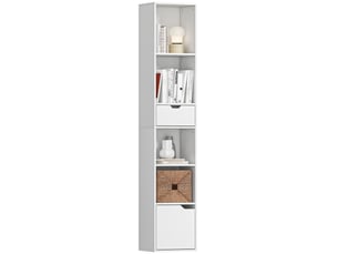 Bibliothèque à 6 étagères, réglable sur 3 niveaux, avec tiroir, porte d'armoire, étagère personnalisable, étagère d'exposition, blanche
