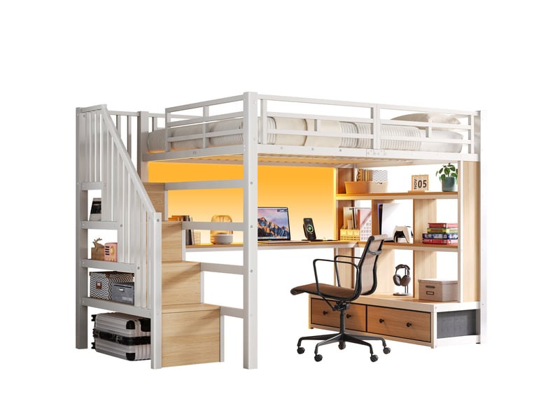  Lit mezzanine en métal 140x200 avec bureau et étagères, deux tiroirs intégrés, escalier avec espace de rangement, blanc  - Conforama A