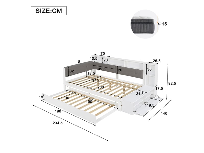  Lit fonctionnel 120x200 cm blanc et gris en bois, lit gigogne 90x190 cm avec rangement et station de charge  - Conforama C