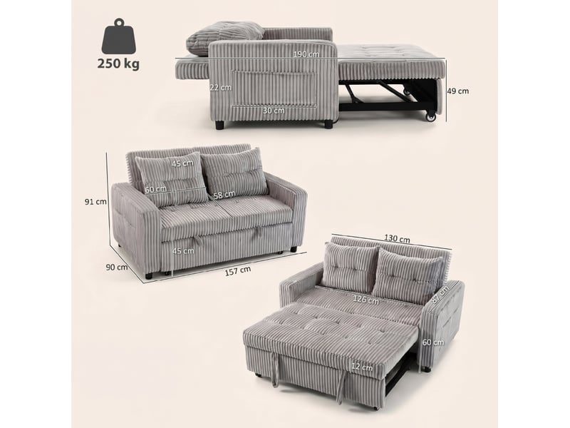 Canapé-lit 2 places convertible 3 en 1, velours côtelé gris clair, 157 x 90 cm - Conforama C