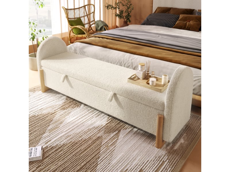  Banc de lit 186 cm - banc coffre de rangement bouclé blanc - ouverture hydraulique - pieds en bois massif  - Conforama W