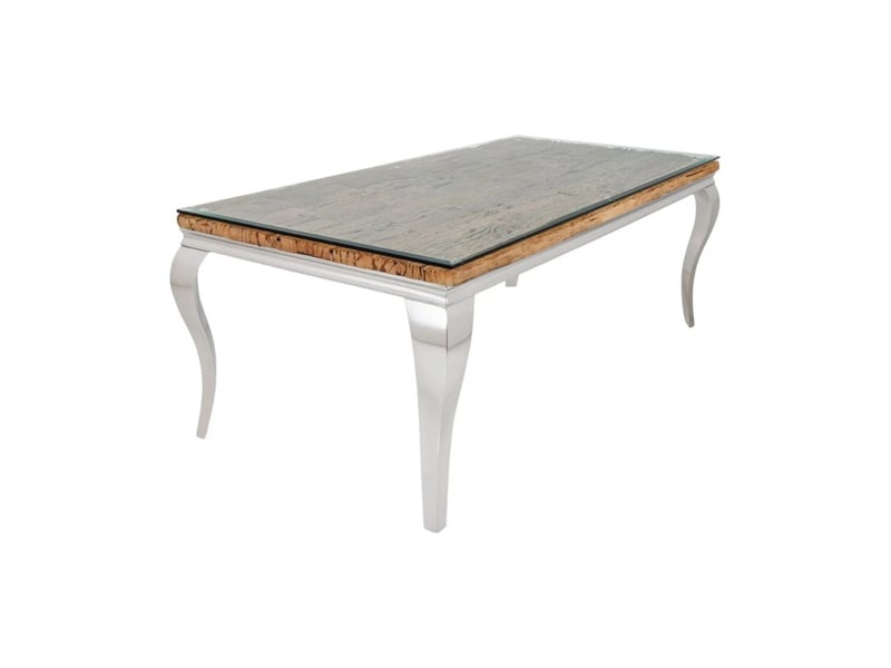 Table de salle à manger velena – rectangulaire 200 cm – bois de teck, verre et acier argenté – style baroque chic - Conforama A