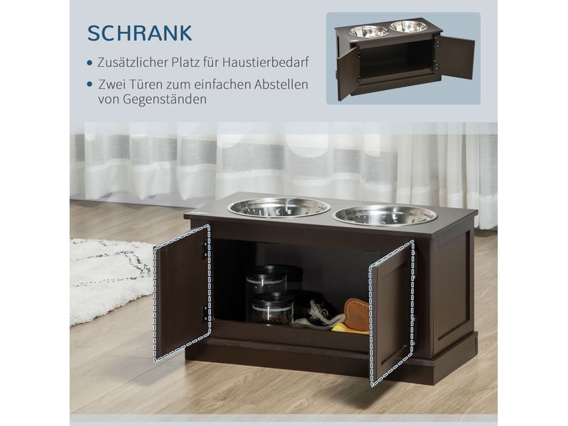  Station repas surélevée 60 x 30 x 34 cm – marron café – rangement intégré et 2 bols inox amovibles  - Conforama E