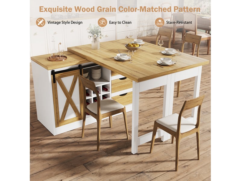 Desserte de cuisine extensible avec 3 tiroirs, porte coulissante et range-bouteilles, blanche, 120 × 40 × 72 cm - Conforama E