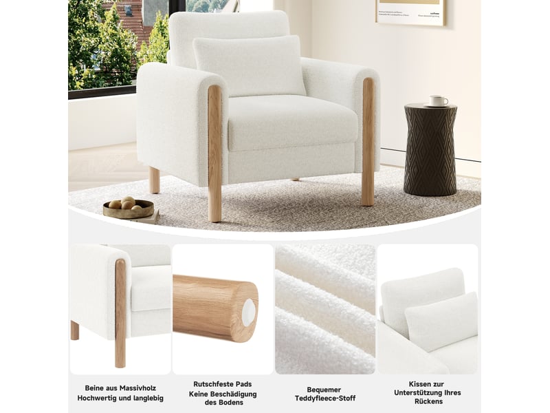  Fauteuil lounge modenvie 1 place en tissu teddy blanc 87 x 83 x 88,5 cm  - Conforama E