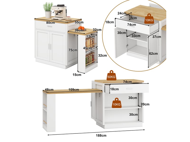 Îlot de cuisine avec table coulissante 2 à 6 places et prises - lpospi - rangement, mdf blanc 188 × 55 × 92 cm - Conforama D