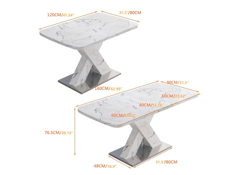  Table à manger extensible 120-160 x 80 cm, plateau mdf effet marbre blanc, piètement en x avec base métal, table rectangulaire moderne  - Conforama E