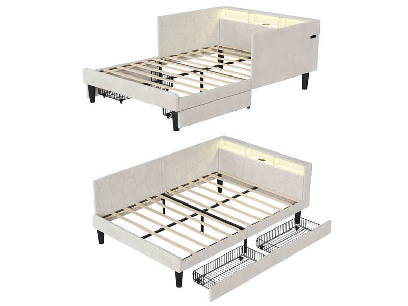  Lit avec 2 tiroirs 140x200, lit double adulte rembourré avec éclairage led et ports usbtype-c, tête de lit avec rangement, velours, moderne, beige  - Conforama A