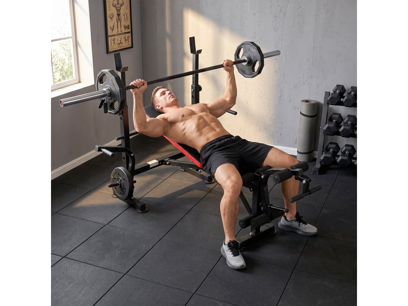  Banc de musculation fitness entrainement complet avec support d'haltères dossier réglable acier 175 x 139 x 127 cm noir  - Conforama D