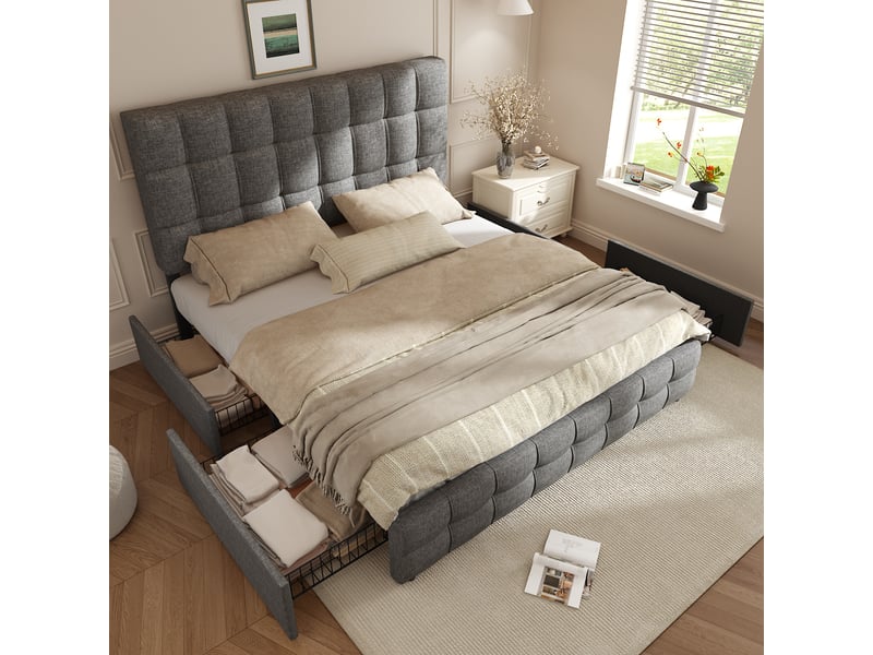  Lit double rembourré gris 140x200 avec 4 tiroirs et tête réglable  - Conforama B