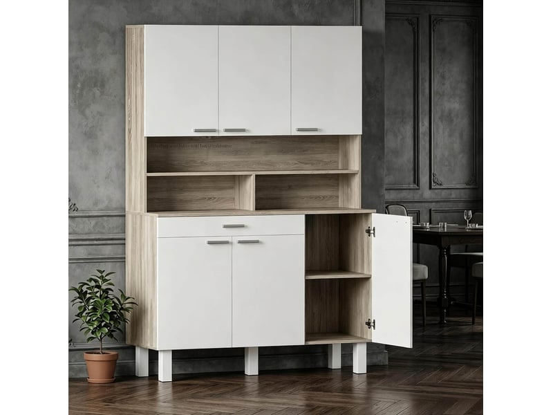 Buffet de cuisine avec 6 portes, 1 tiroir, niches ouvertes et passe-câbles, blanc et bois naturel, 120 × 40 × 175 cm - Conforama D