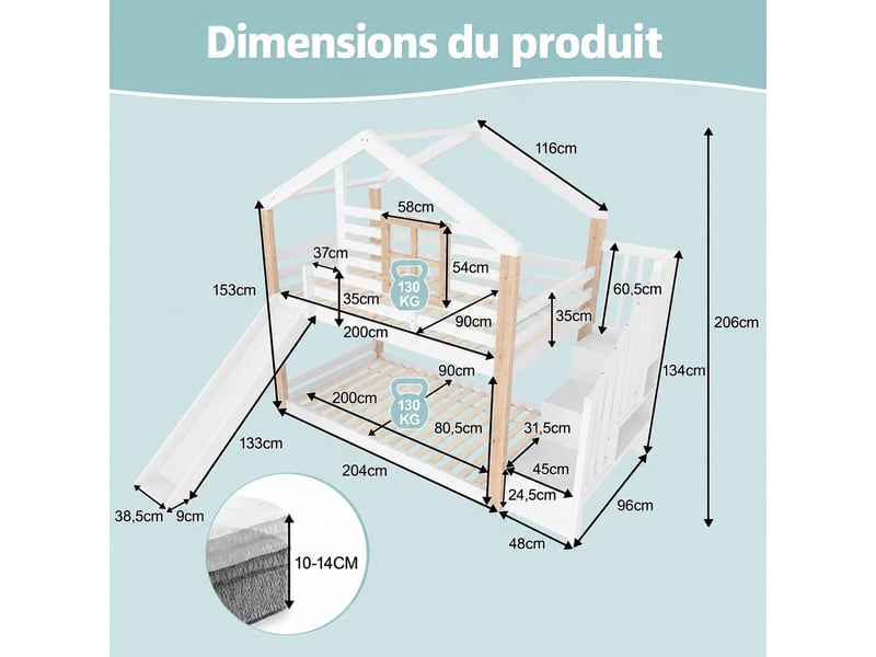 Lit superposé enfant avec toboggan et escalier, 90 x 200 cm, bois blanc - Conforama C
