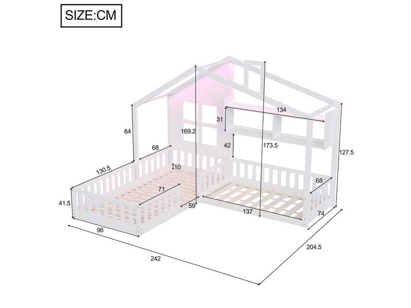  Lit enfant au sol 90 x 200 cm et 70 x 140 cm blanc avec étagères, éclairage led et barrières de sécurité  - Conforama E