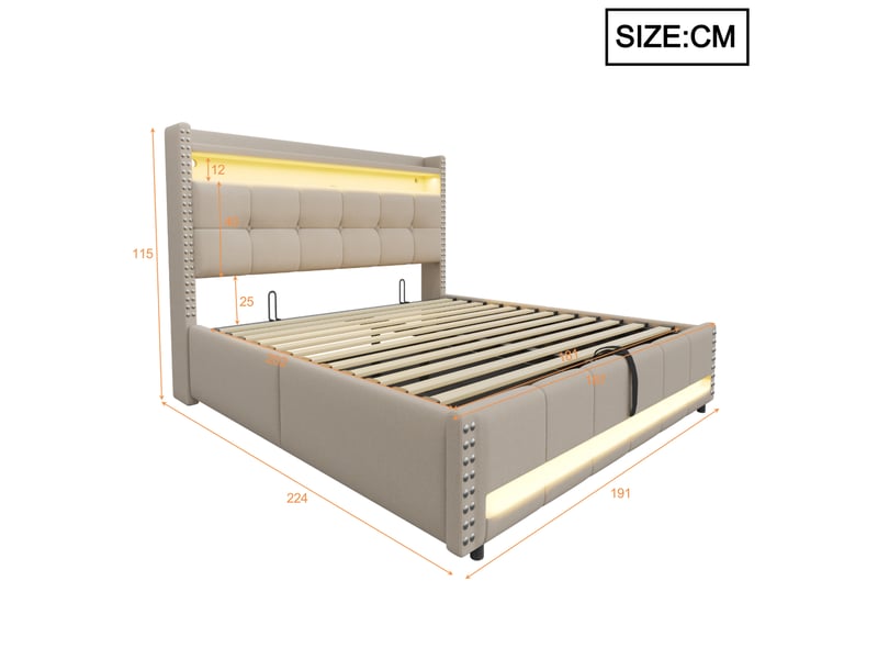  Lit double coffre 180 x 200 cm beige avec led, prise usb et tête de lit à étagères  - Conforama E