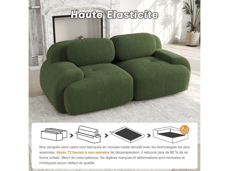 Canapé modulable 3 places 298 cm, velours côtelé vert, sans structure rigide, sans montage Sol Morn - Conforama D