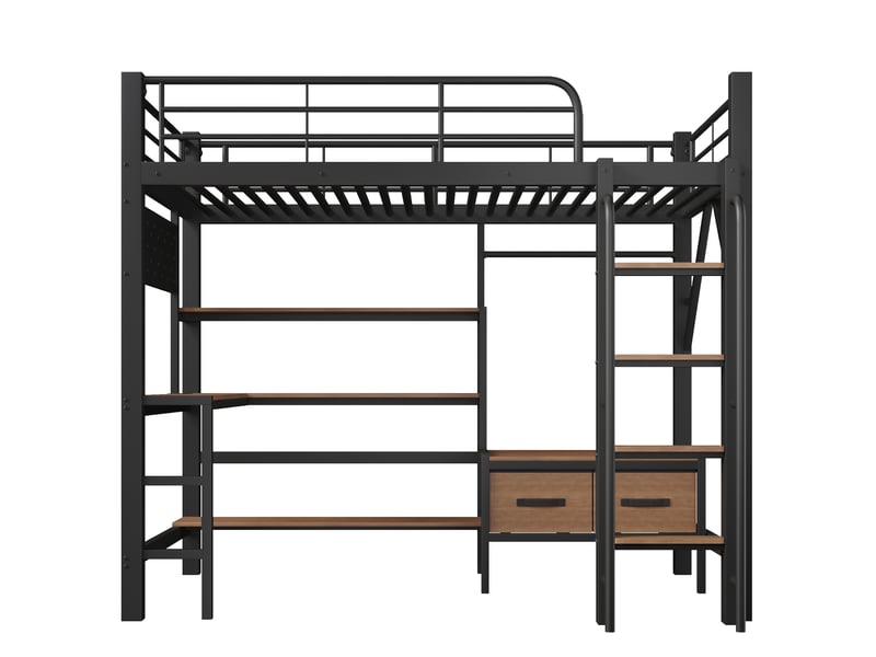  Lit mezzanine 90x200 cm noir, cadre en métal, bureau, étagères, tiroirs en tissu, led, port usb, garde-corps  - Conforama A
