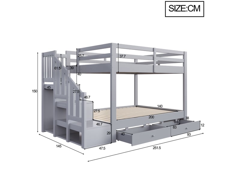  Lit superposé 140x200 cm avec escalier de rangement, bois et mdf gris sans matelas  - Conforama C