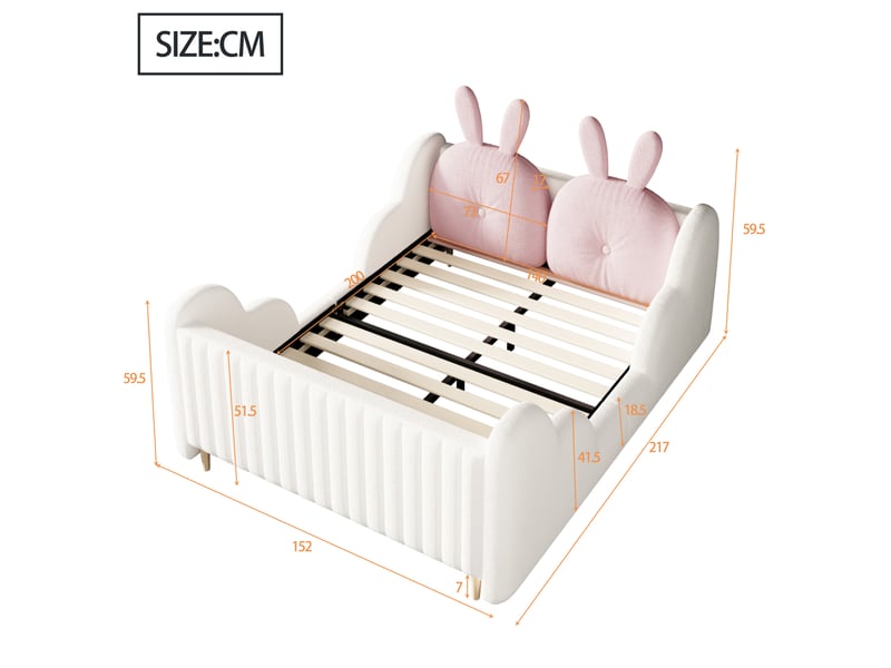 Lit enfant 140x200 cm design lapin et nuages, lit double avec sommier à lattes, revêtement teddy pour chambre moderne, blanc OPULERANE TRADING LTD - Conforama E