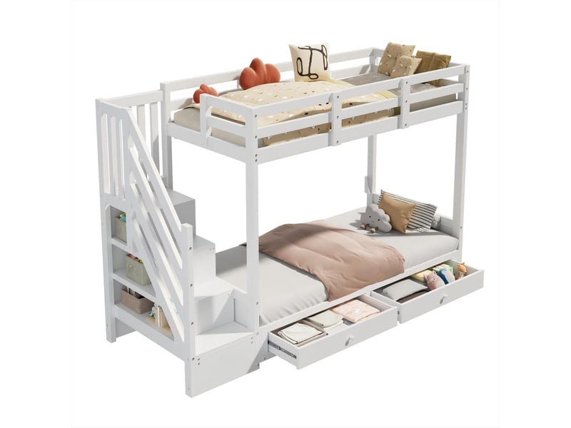  Lit superposé enfant, lit double, lit enfant multifonctionnel, avec escalier et 2 tiroirs, sans matelas, le niveau inférieur peut servir de lit ou de canapé et comprend des coussins, blanc, 90*200  - Conforama A
