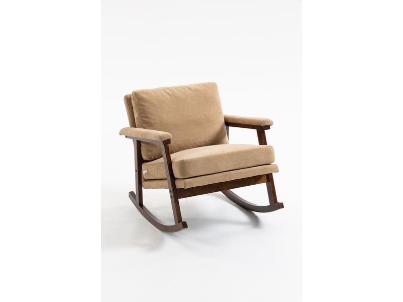  Fauteuil à bascule en velours marron clair avec cadre en bois  - Conforama A