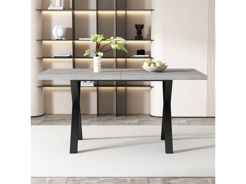  Table à manger rectangulaire avec piètement croisé - lpospi - style industriel, mdf effet béton et noir 140 × 80 × 76 cm  - Conforama B