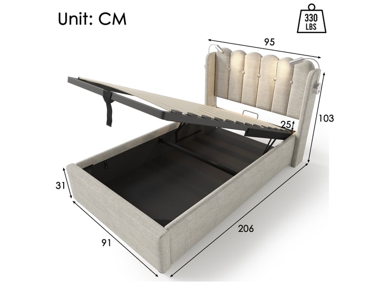  Modenvie lit coffre 90x200 cm - avec rangement intégré, liseuse et ports usb, sans matelas - naturel  - Conforama C