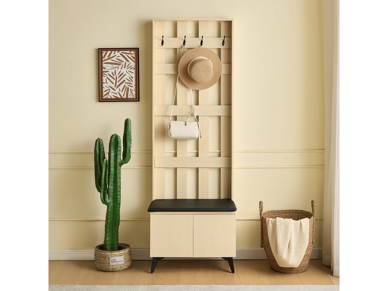  Meuble d'entrée avec banc rembourré, 2 portes et 4 crochets en mdf pour couloir, 60×35×179,5 cm, bois clair  - Conforama C
