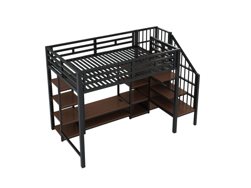  Lit mezzanine adulte 90x200 cm métal et bois noir - échelle, support tv et rangements intégrés  - Conforama A