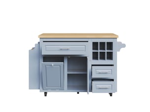Îlot de cuisine sur roulettes bleu avec plateau rabattable, desserte de cuisine bleue avec panier à vin et espace poubelle, 143x75x91cm