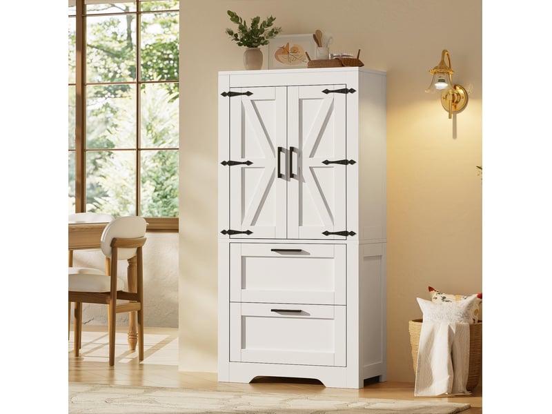  Armoire de cuisine blanche style campagne avec 2 tiroirs et étagères réglables, 60x30x128cm  - Conforama R