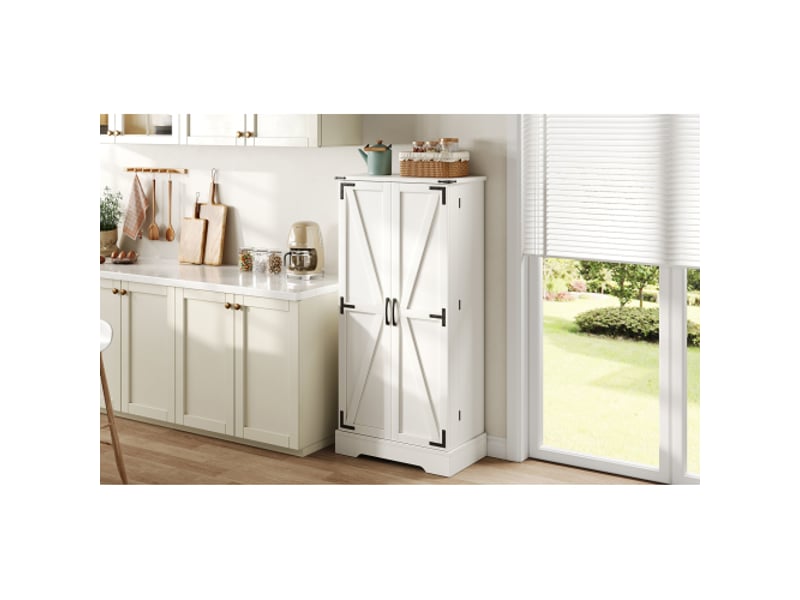 Armoire de salle à manger 128,5 cm - style ferme, led, 2 portes, étagères réglables, blanc relief - Conforama E