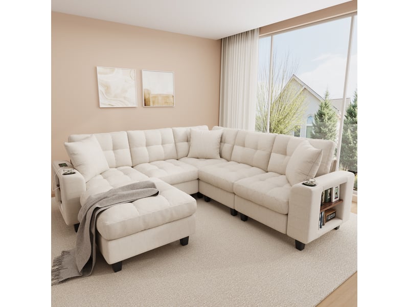 Canapé modulable 5 pl 216,5x216,5x83cm, canapé d'angle avec repose pides, rangement, confort pour salon, chenille beige  - Conforama D