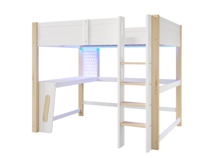  Lit mezzanine enfant 140x200cm en pin avec bureau,panneau perforé,éclairage led,lit superposé double avec barrières,sans matelas,naturel  - Conforama A