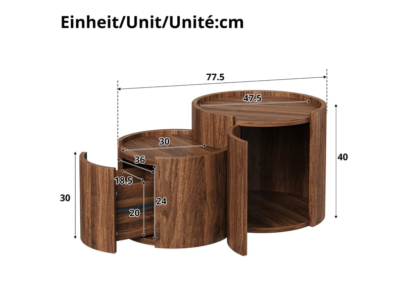  Table basse ronde 77,5 x 47,5 x 40 cm – noyer – rangement intégré, tiroirs et design arrondi  - Conforama C