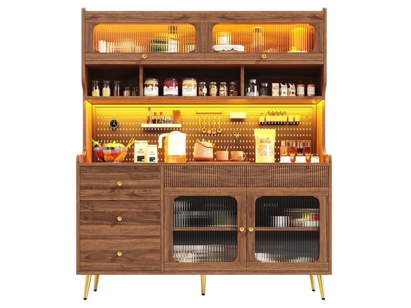 Buffet haut avec led 145 x 39 x 171 cm, verre strié, mdf et métal, noyer - Conforama A