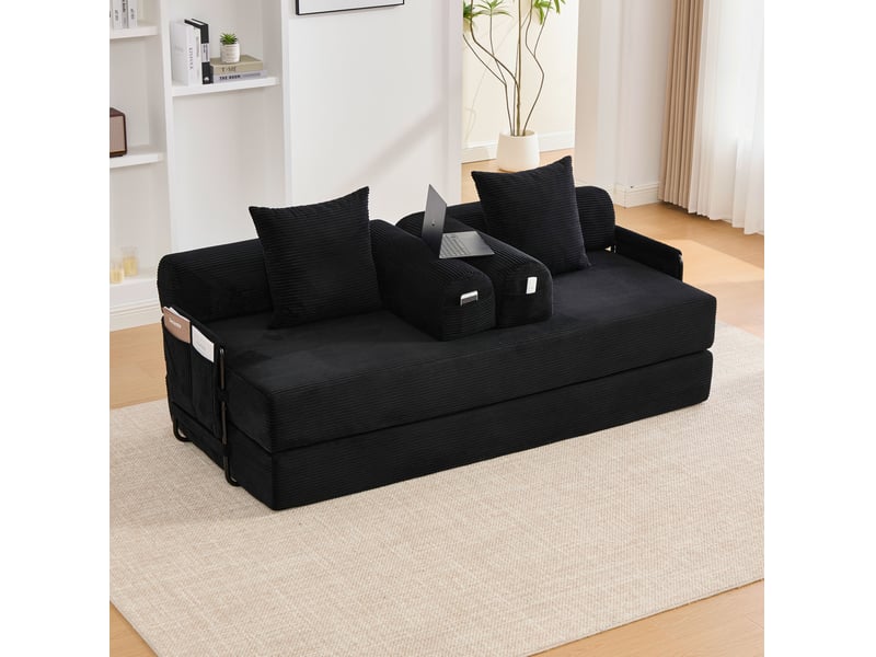  Canapé droit modulable 3 places en velours côtelé noir avec 3 coussins et poche latérale pour le salon  - Conforama B