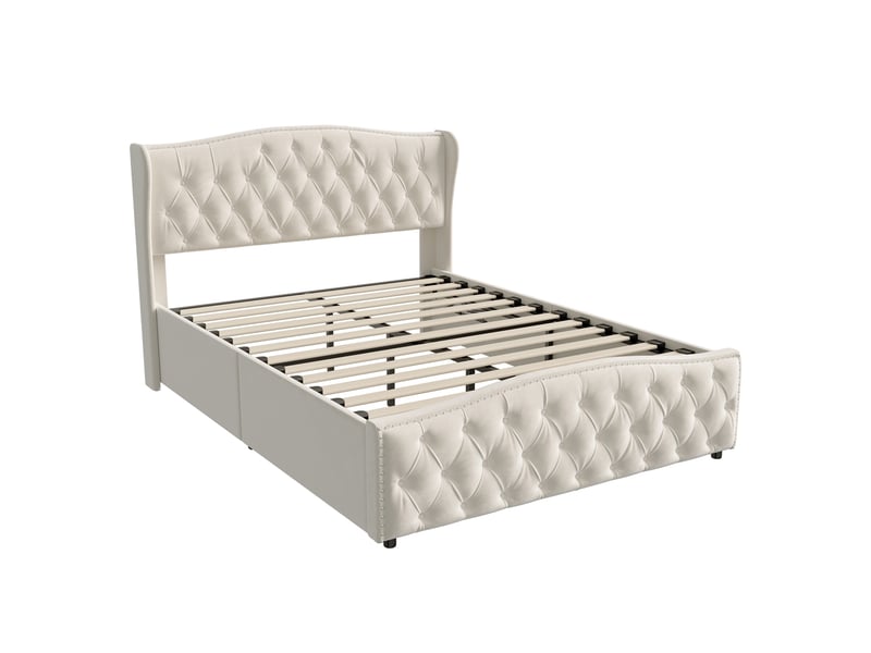  Yyxldynb lit coffre 140x190 cm avec rangememt, lit double rembourré avec sommier à lattes, cadre de lit 2 places avec tête de lit capitonnée, lit adulte, velours beige  - Conforama W