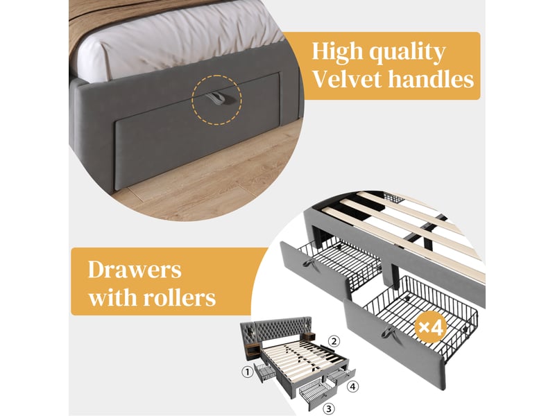  Lit rembourré 160 × 200 cm 2 places avec 2 tables de chevet, 4 tiroirs, usb et type-c, matelas inclus, gris velours  - Conforama E