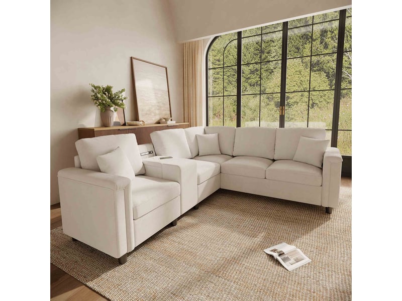  Canapé d'angle l 5 places 235x208x83 cm en chenille avec console rangement, porte-gobelets, usb-c, lumière led, canapé modulable moderne - beige  - Conforama E