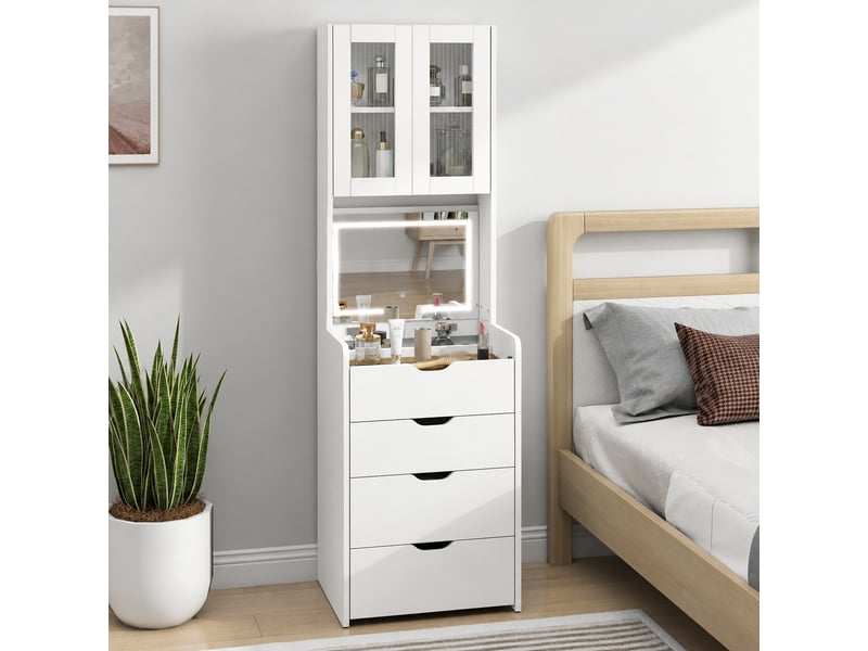 Coiffeuse blanche avec miroir éclairé et tabouret, led 3 teintes, 3 tiroirs et placard, 50 x 40 x 160 cm - Conforama B