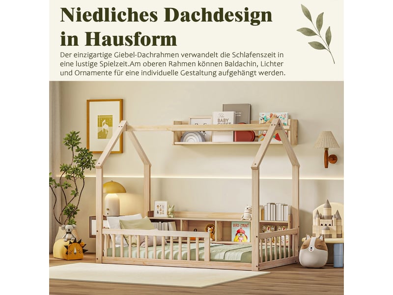  Lit cabane enfant 90x200 cm en bois avec barrières de sécurité et étagères de rangement, pin, naturel OMNIGLINT TRADING LTD - Conforama E