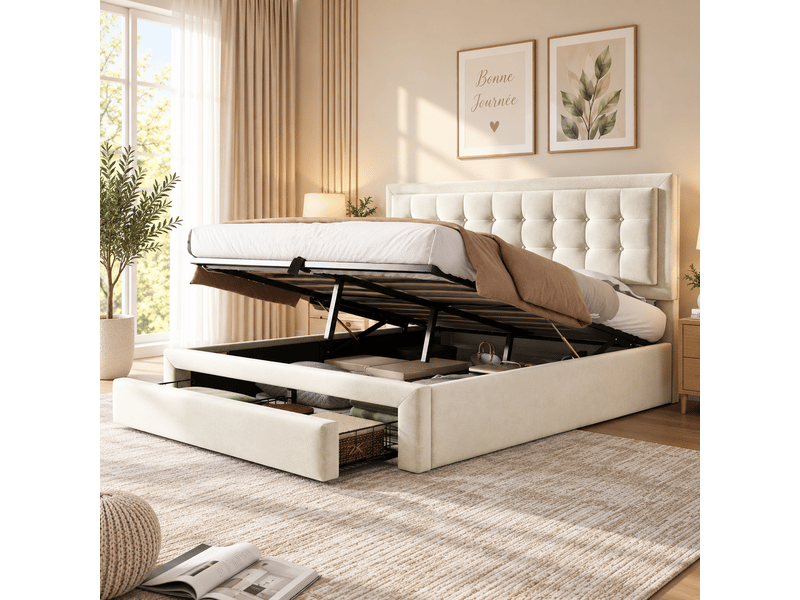 Lit coffre rembourré 140 x 200 cm, rangement hydraulique, 2 tiroirs, tête de lit, sommier à lattes en bois, velours, beige Bliss Lite - Conforama E