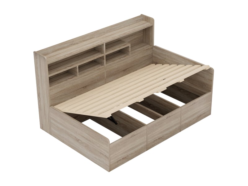 Canapé-lit avec rangement 90 x 200 cm – avec étagères – avec compartiments de rangement – avec éclairage led – naturel (matelas non inclus) - Conforama W