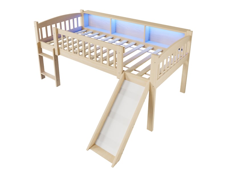  Lit enfant surélevé 90x200 cm avec toboggan, rangements, led et usb, coloris naturel, sans matelas  - Conforama A