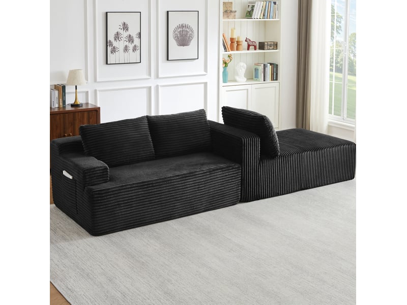  Canapé d'angle compressé en l 238x152x66 cm modulable 3 places, pour salon, pratique, mousse et velours côtelé, noir  - Conforama E