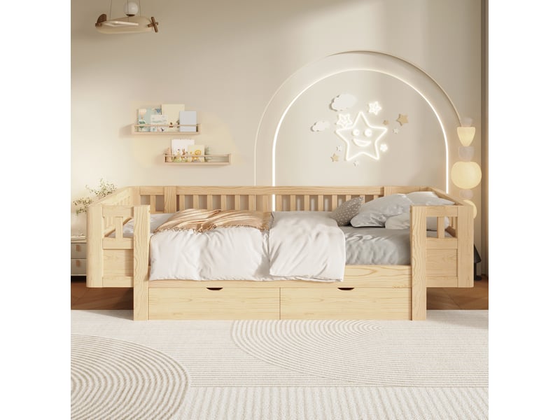  Lit enfant 90 x 200 cm avec haute barrière de sécurité et 2 tiroirs, bois clair  - Conforama E