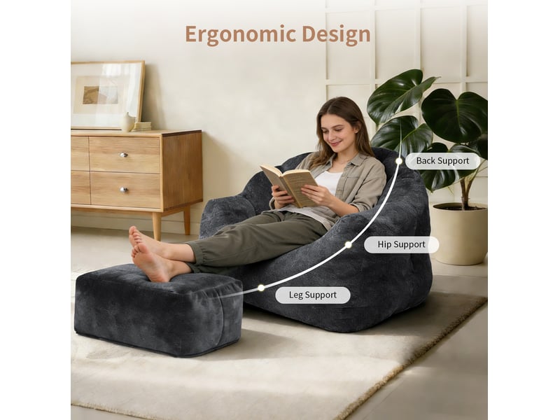 Lot de 2 pièces : fauteuil patte d’ours noir en tissu avec pouf assorti, confort enveloppant pour se détendre - Conforama E