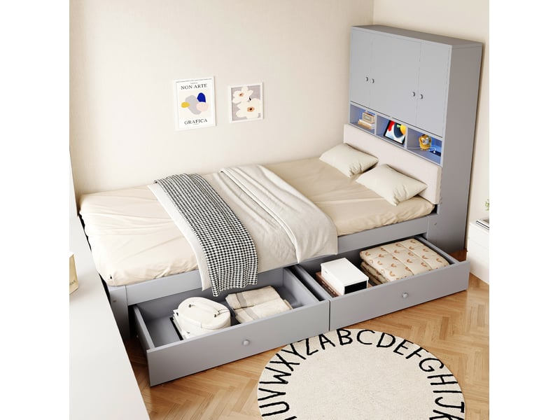 Lit simple 90 × 200 cm avec tête de lit rembourrée, led, prise, rangement et 2 tiroirs, sans matelas, gris - Conforama D